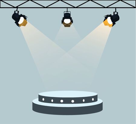 Flat stage podium illuminated by three spotlights. Empty pedestal for display. 2 step platform for design. Isolated.background. Template Flat design. Vector illustrationのイラスト素材