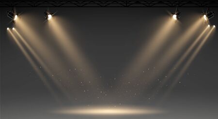 Illuminated stage with scenic lights and smoke. Blue vector spotlight with smoke volume light effect on black background. Stadium cloudiness projector. Mist show room. Vectorのイラスト素材