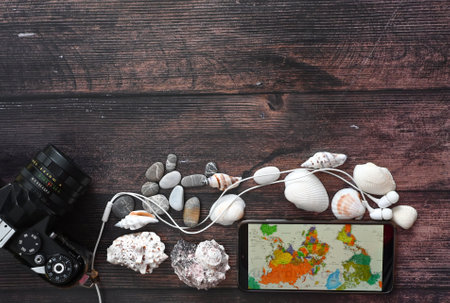 flat travel layout, travel items, vacations, summer holidays, light background, family vacation...