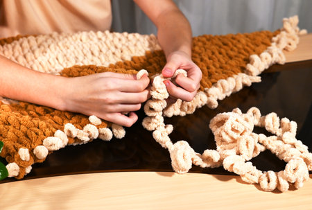 Soft, plush plaids for children and adults, handmade. Knitting Plaids. Warm plain with large loops.