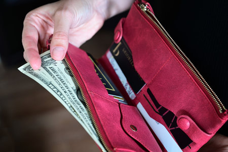 girl holds a wallet in her hands, shopping, dollars in her purse, wallet full of dollars