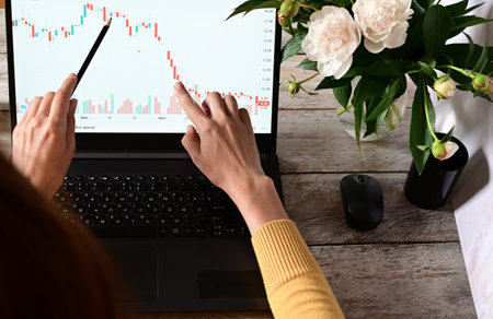 Analyst office work. Work desk with calculator, notepad and financial documents. company accounting. Remote work and education.の写真素材