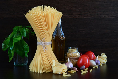 Various pastas. Cooking concept. top viewの写真素材