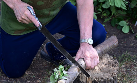 A man with a saw saw off a wooden board. The concept of cleaning in the suburban area.の写真素材