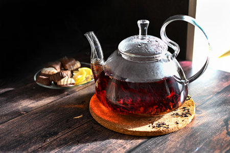 A woman's hand pouring tea into a mug. Steamed tea, morning tea, home comfort