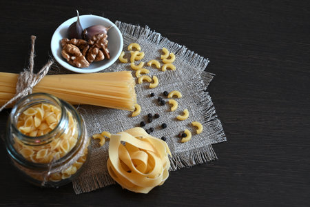 Various pastas. Cooking concept. top viewの写真素材