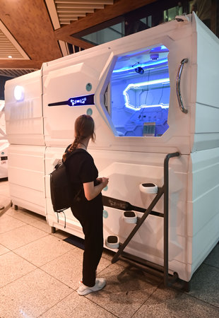 Sochi, Russia - August 31, 2022: Futuristic capsule hotel room interior in the airport