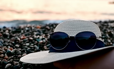 Sunglasses and hats on the beach. the concept of travel.の写真素材