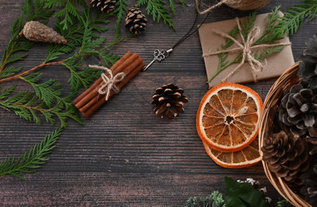 Merry Christmas and happy holidays Greeting card, the theme of the winter Christmas holiday. Flat surfaceの写真素材