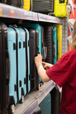 A customer chooses a suitcase for luggage in a department store. Buying small luggage for a business trip. Tourism.の写真素材