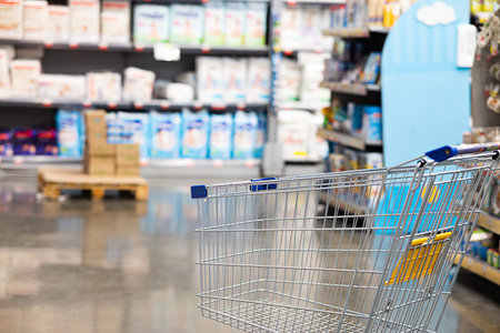 Abstract blurry photo of a supermarket with an empty shopping cart concept.の写真素材