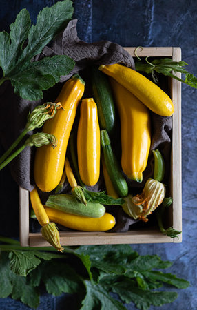 Zucchini. Fresh raw organic zucchini ready for cooking, top view with copy spaceの写真素材