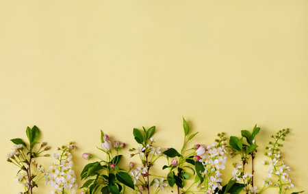 Floral layout on a vintage white wooden background and computer partially. Spring flowers, woman freelancing concept. View from above.の写真素材