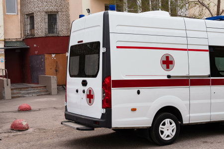 Ambulance at the entrance of the houseの写真素材
