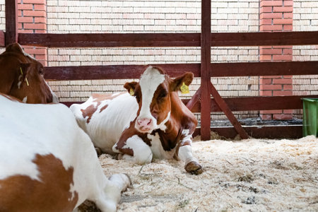 Healthy dairy cows are fed fodder standing in a row of stables in the barn of a livestock farm, and a worker adds fodder to the animals on a blurred background. The concept of farming business and aniの写真素材