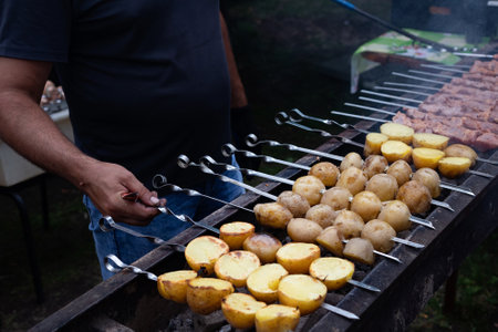 Cooking shashlik on a metal skewer and grilled vegetables. Grilled meat and vegetables. Delicious street food.の写真素材