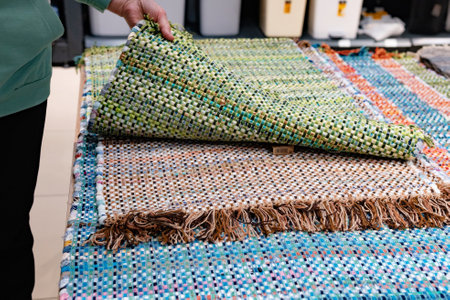 A woven rug made of old things. Eco-friendly development. Reuse of items. Handmade work.の写真素材