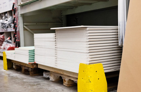 Drywall standard gypsum panels, wallboards plasterboard stacked in hardware store closeupの写真素材