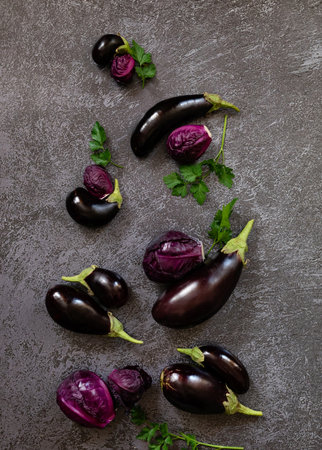A variety of green peppers, cabbage and eggplant on the background of the old texture. Diet. Healthy eating theme background. View from aboveの写真素材