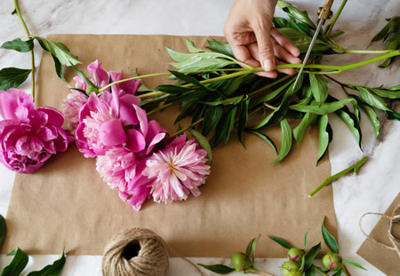 A female florist makes a bouquet of peony flowers wrapped in kraft paper on her desktop. View from above. High quality photosの写真素材