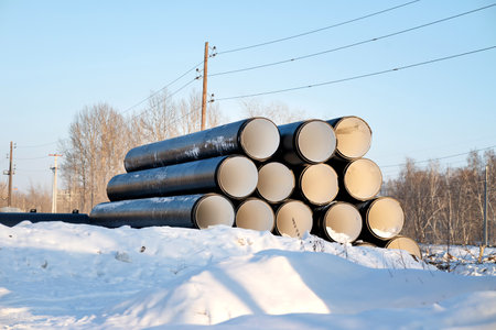 HDPE Double Wall Corrugated Pipe, HDPE Pipes Manufacturers, HDPE DWC Yellow pipes, Corrugated pipes with different sizesの写真素材