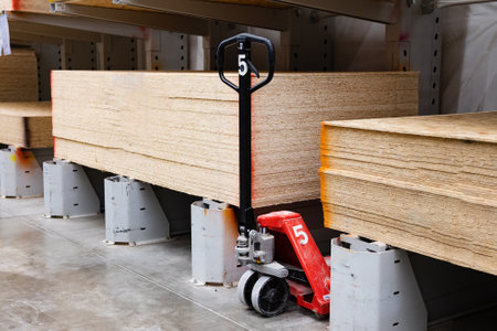 Hand truck loaded with wooden planks in a warehouse