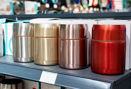 Colored thermos in the shop windowの写真素材