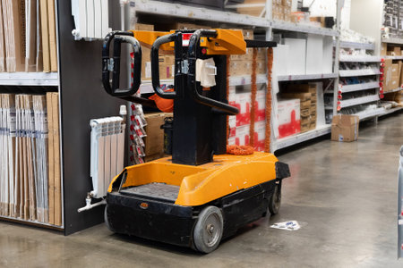 Hand pallet truck with the rice bag and plastic pallets with goods in the wholesale market....