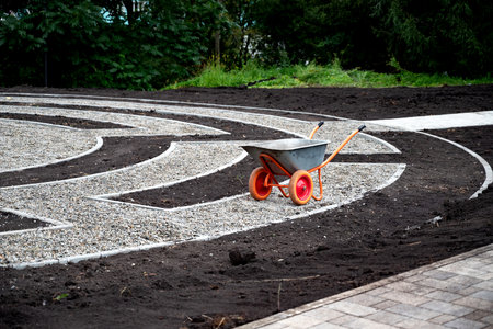 Wheelbarrow on a landscaped garden pathway with gravel and soil sections, lush green background....