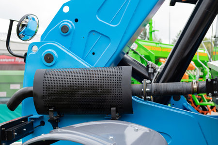 Fragment of yellow industrial diesel engine for electrical generator in power stationの写真素材