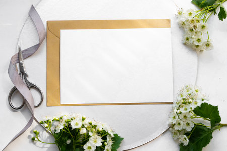 A circular white surface showcases a blank card bordered in gold, surrounded by delicate flowers, ribbon, and scissors, perfect for creating personalized invitations or greeting cards.の写真素材