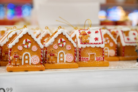 Colorful gingerbread houses with festive decorations on a bright background. Concept of holiday cheerの写真素材