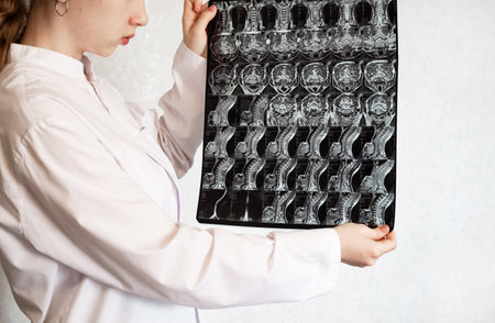 A healthcare professional examines medical imaging on an illuminated screen while discussing...