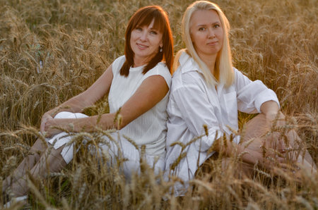 In a golden wheat field at sunset, two women sit close, enjoying each other's company. Their relaxed poses and warm smiles capture a moment of friendship.の写真素材