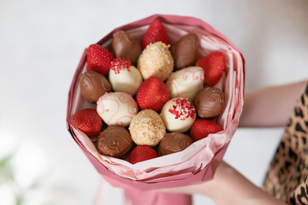 A bouquet made of assorted chocolates and fresh strawberries is being presented by a person in a stylish outfit. The vibrant colors and textures create an appealing display perfect for gifting.の写真素材