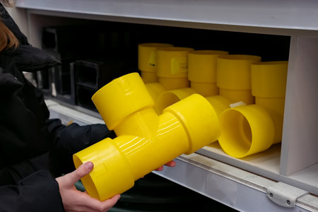 Individual is inspecting a yellow PVC pipe fitting while selecting materials in a home improvement...