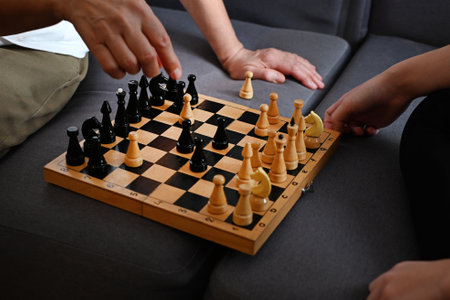 A grandmother and a teenage granddaughter are enthusiastically playing chess on a cozy sofa, demonstrating strategy and concentration in a cozy living room environmentの写真素材