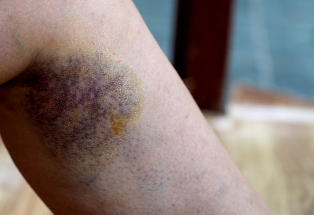 Visible bruising is present on the elbow area, displaying a range of colors indicating a soft tissue...