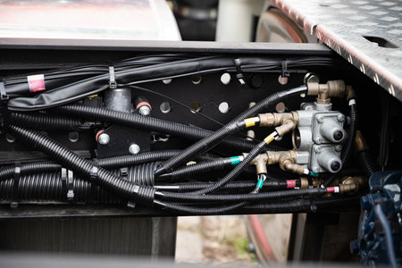 High pressure hydraulic hose system connected to steel pipes, close-up. Marine hydraulics.の写真素材