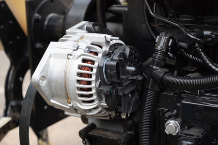 Close-up of an automotive alternator in an engine compartment.