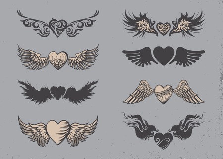 Set of tattoo black hearts with wings.のイラスト素材