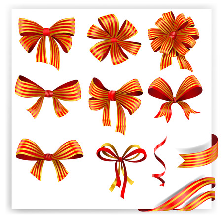 Set of red and gold gift bows with ribbons. Vector illustration.のイラスト素材