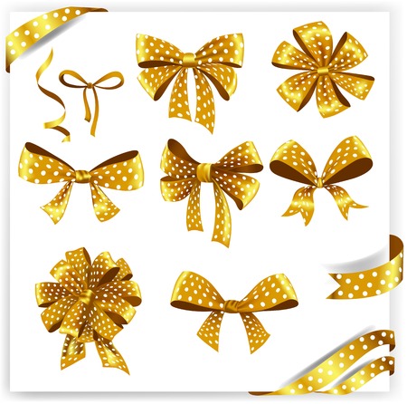 Set of gold polka dot gift bows with ribbons. Vector illustration.のイラスト素材