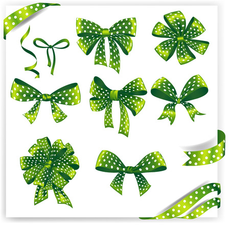 Set of green polka dot gift bows with ribbons. Vector illustration.のイラスト素材