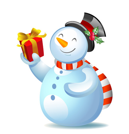Vector illustration of a Cute snowman with gift in a hand.のイラスト素材