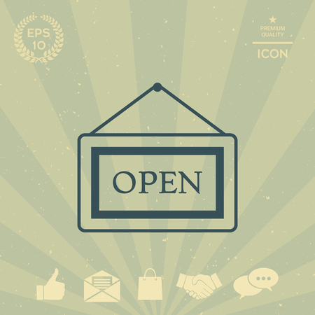 Information plate with Open sign, board hanging iconのイラスト素材