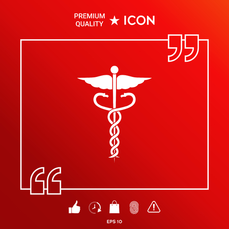 Caduceus medical symbol in white border on red background with web icon, app. Premium quality icon illustration.のイラスト素材