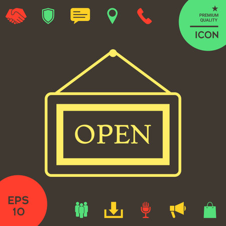 Information plate with Open sign, board hanging icon . Signs and symbols - graphic elements for your designのイラスト素材