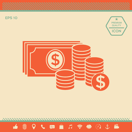 Money banknotes stack and Stack of coins icon with dollar symbol . Signs and symbols - graphic elements for your designの写真素材