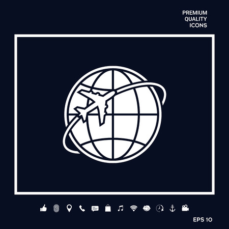 Airplane fly around the planet Earth logo. Element for your design. . Signs and symbols - graphic elements for your designのイラスト素材